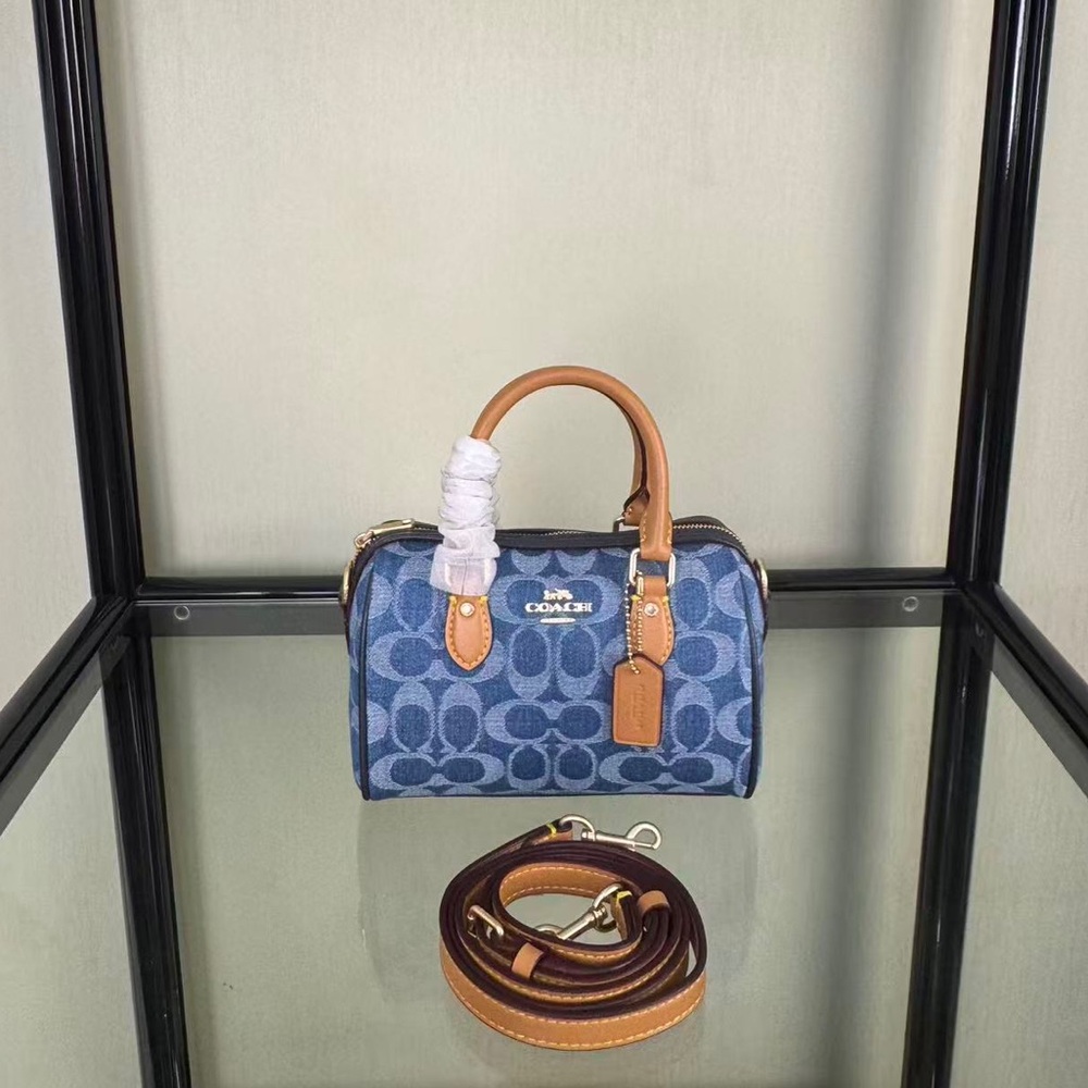 Coach Mini Boston Bag Blue Denim Signature Print Handbag Crossbody
